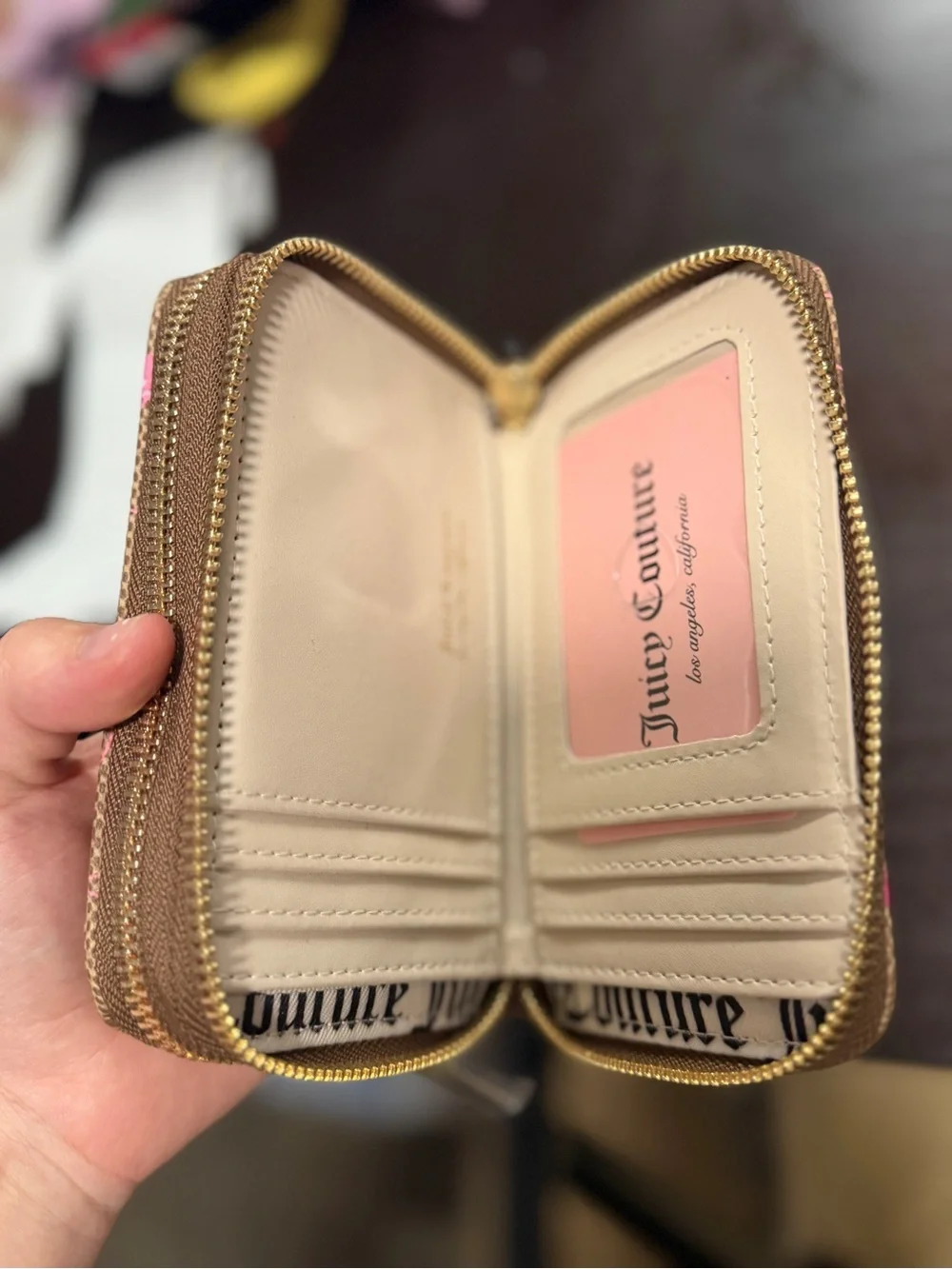 Juicy Couture Brown Cherry Print Zip Card Holder with Pink Accents